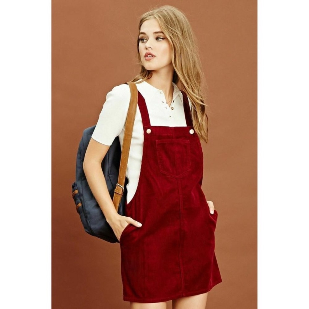 FOREVER 21 Corduroy Jumper Overalls Mini Dress Burgundy Size Small
